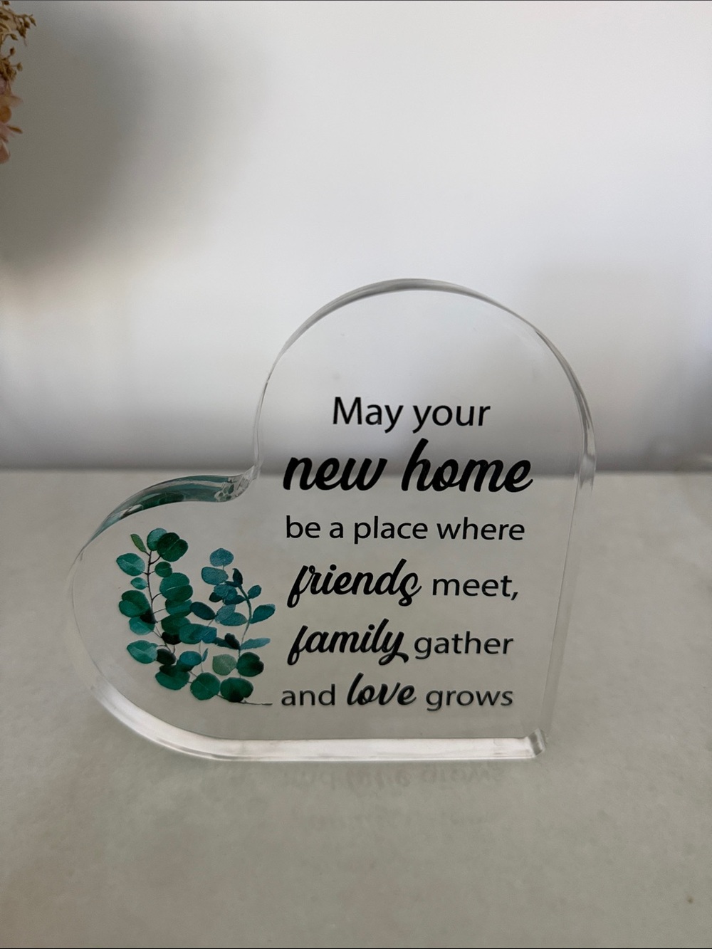 New Home Heart Accent Plaque - Clear with Green Leaf Design